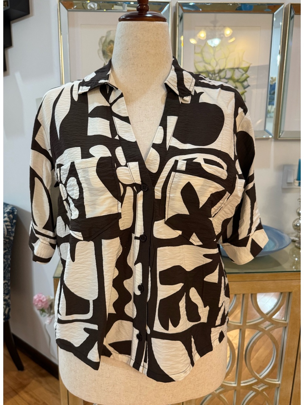 Rachel Zoe Brown & Cream Abstract Button-Down Shirt